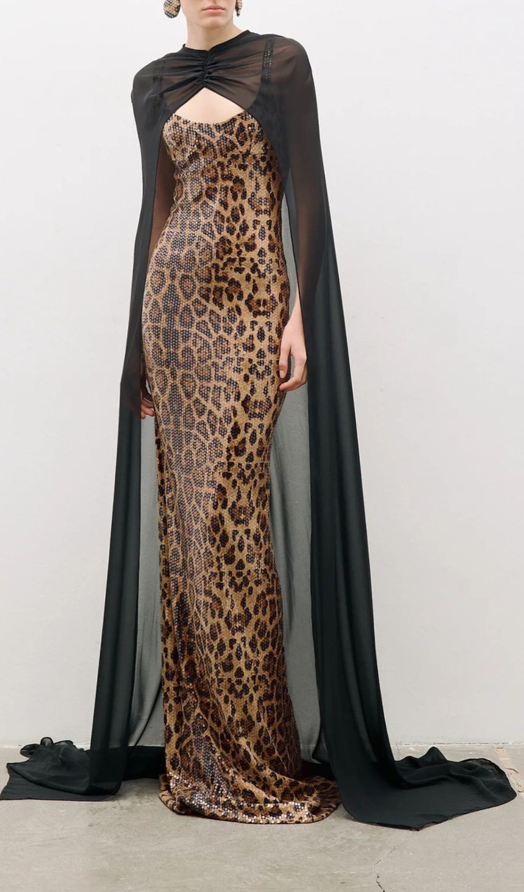 Jarrell Dazzling Leopard Sequin Maxi Gown with Dramatic Cape