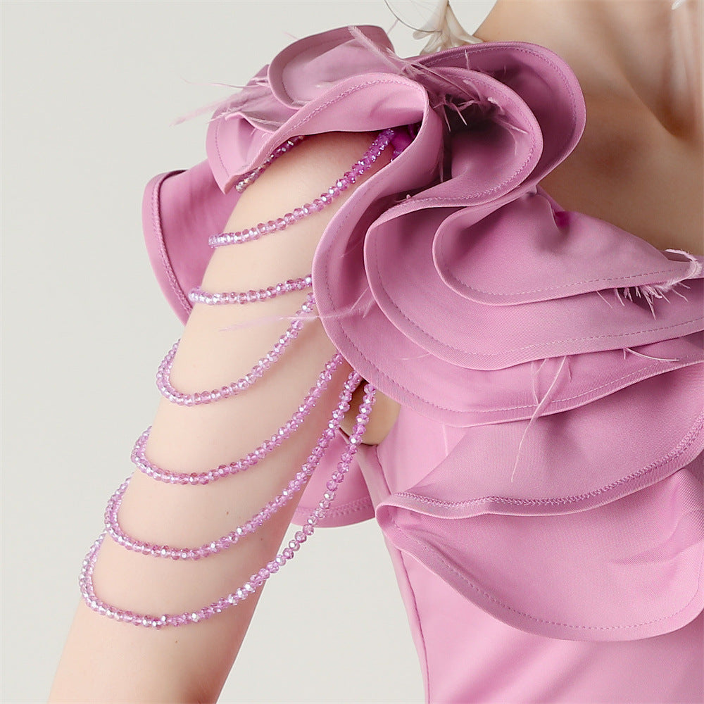 Stunning One-Shoulder Ruffle Maxi Dress | High Slit Purple Evening Gown