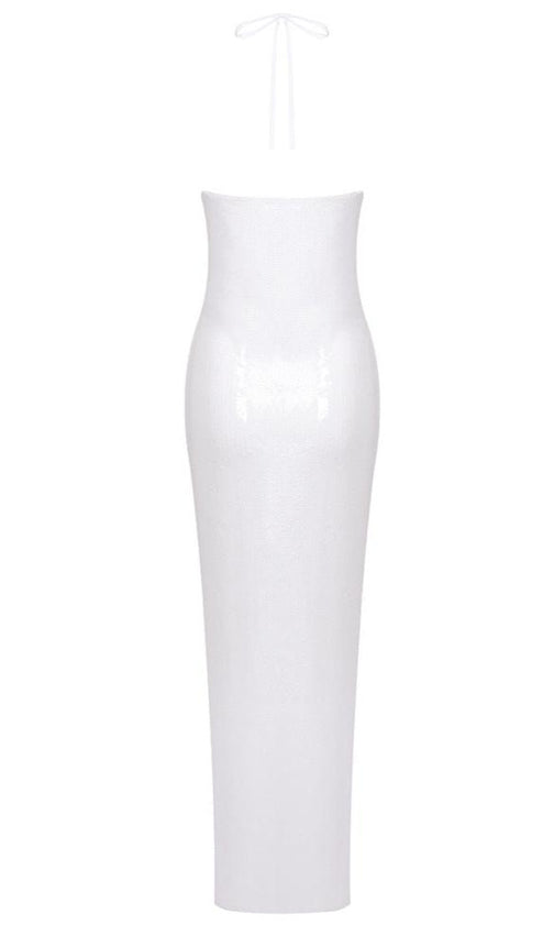 Anila White Sequin Rosette Halter Maxi Dress - Glamorous & Show-Stopping