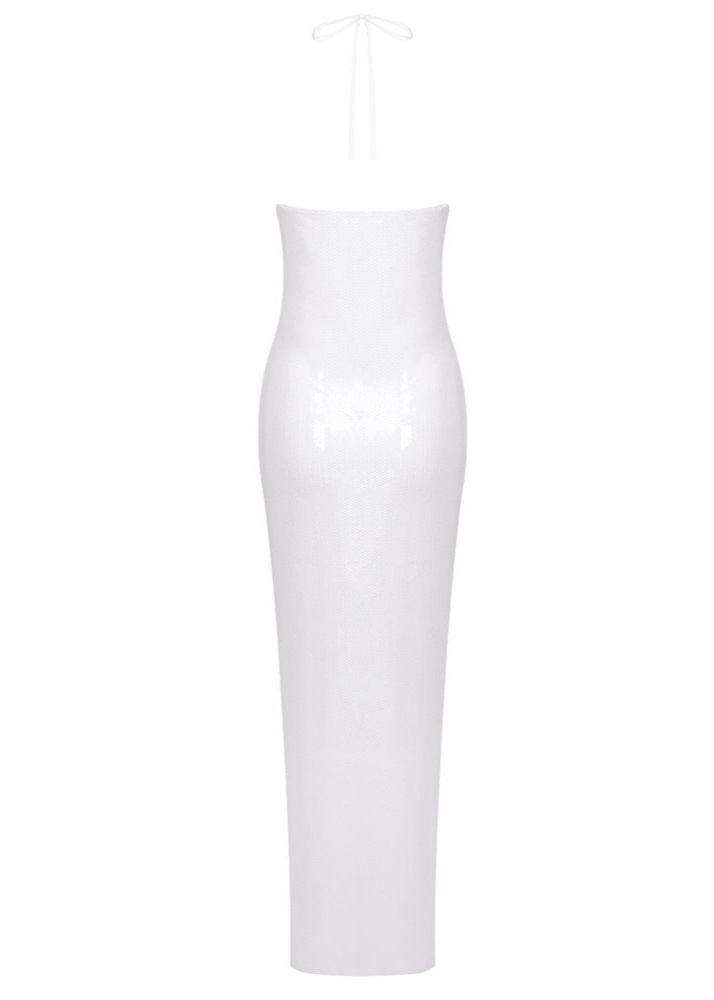 Anila White Sequin Rosette Halter Maxi Dress - Glamorous & Show-Stopping