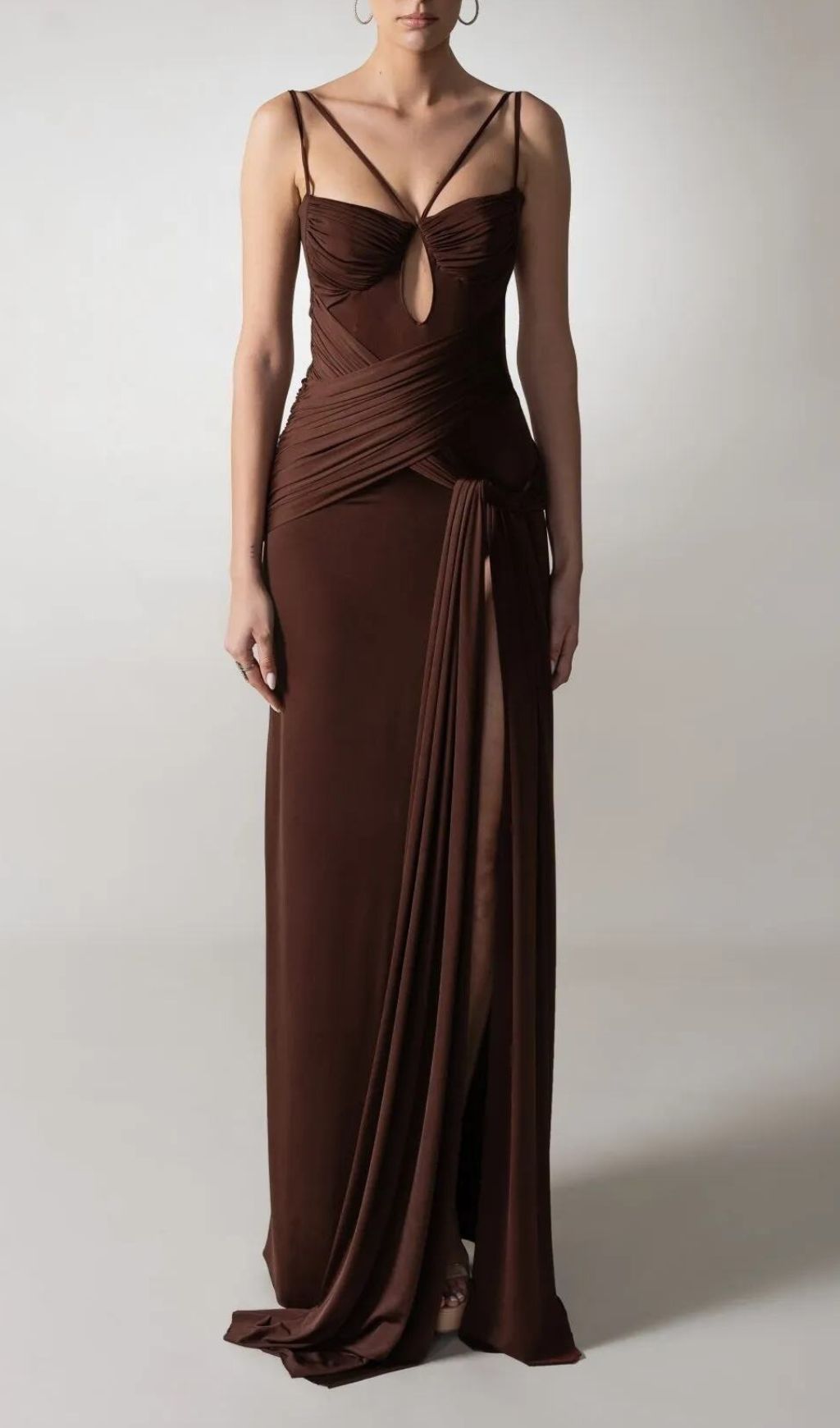 Grazina Coffee Ruched Strap Maxi Dress