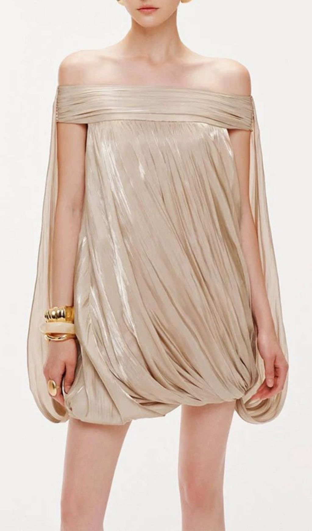 Karimah Champagne Off-Shoulder Pleated Mini Dress - Glamorous Bubble Hem