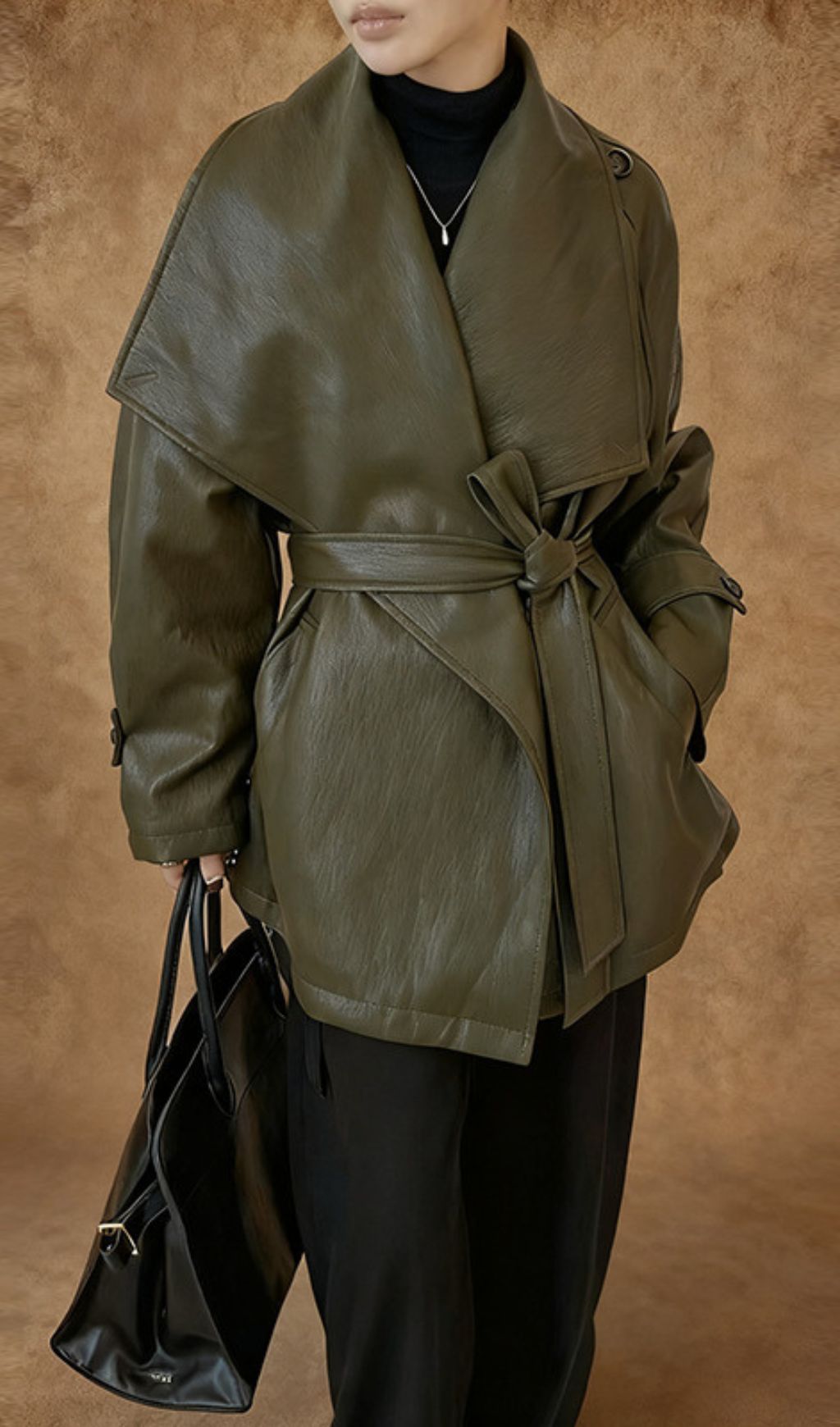 Honoka Women's Chic Faux Leather Wrap Trench Coat - Olive Green Belted Outerwear