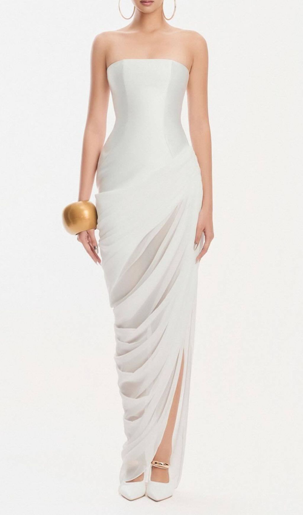 Julianne White Strapless Maxi Dress | Elegant Draped Goddess Gown