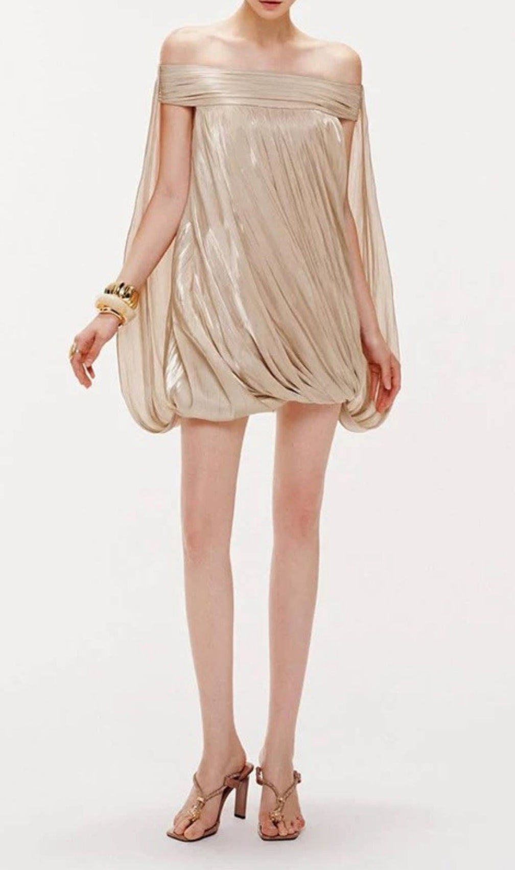 Karimah Champagne Off-Shoulder Pleated Mini Dress - Glamorous Bubble Hem
