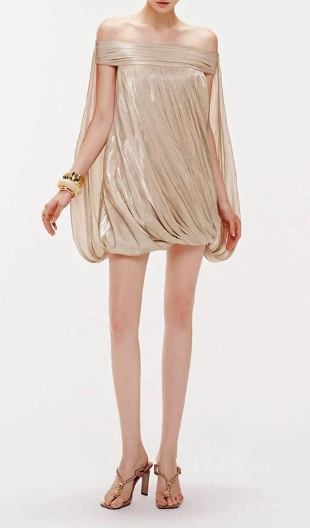 Karimah Champagne Off-Shoulder Pleated Mini Dress - Glamorous Bubble Hem