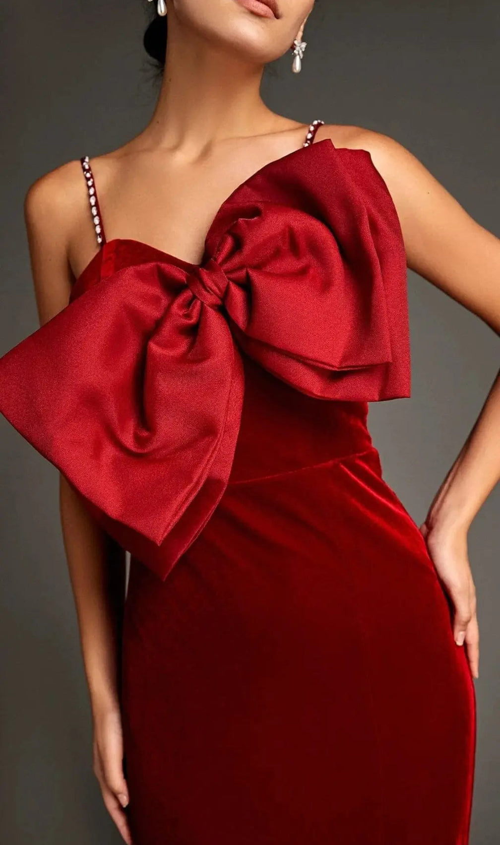 Dark Red Front Bow Side Slit Mermaid Maxi Dress