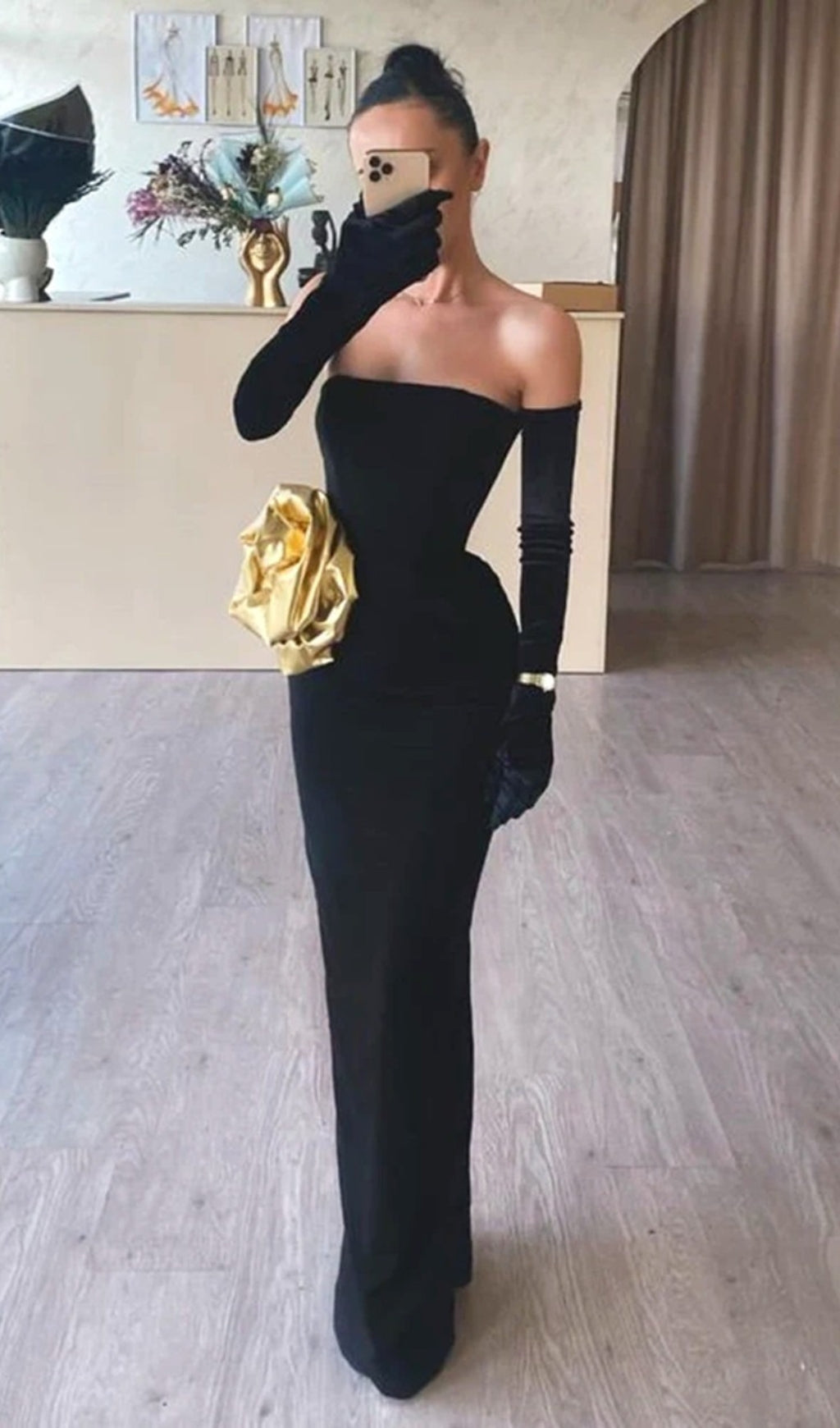 Brycen Black Strapless Rose Detail Maxi Dress