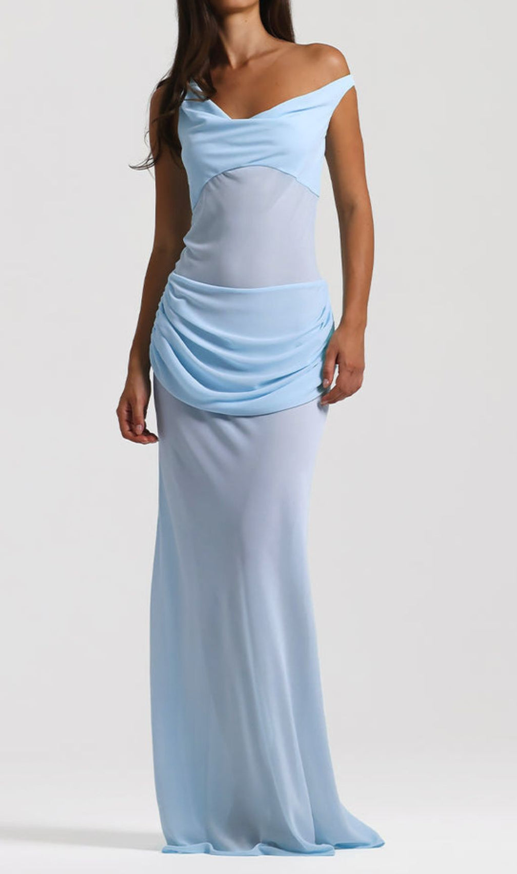 Istas Sky Blue Corset Maxi Gown - Elegant One-Shoulder Formal Dress
