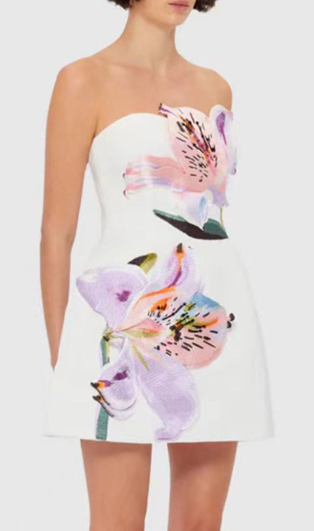 Huy White Strapless Mini Dress | 3D Floral Appliqué for Summer & Parties