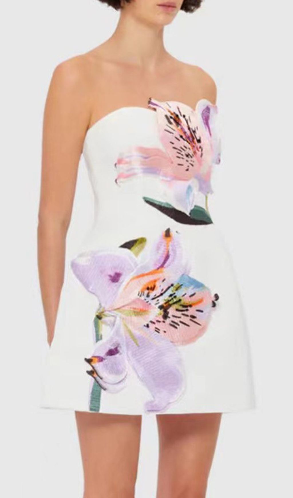 Huy White Strapless Mini Dress | 3D Floral Appliqué for Summer & Parties