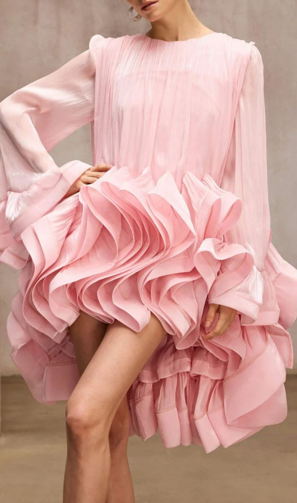 Pink Ruffled Tiered Mini Dress with Dramatic Flare Sleeves