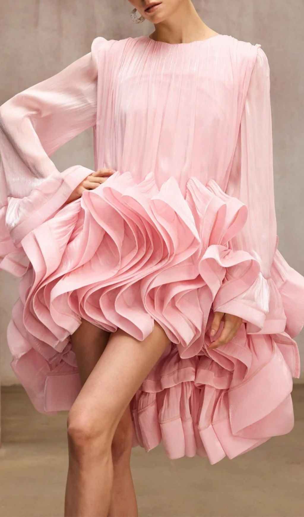 Pink Ruffled Tiered Mini Dress with Dramatic Flare Sleeves