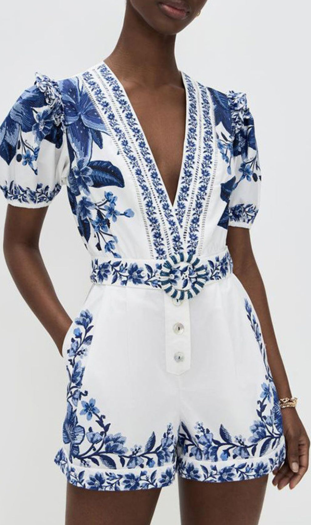 Gilda Blue Flower Printed V-Neck Romper