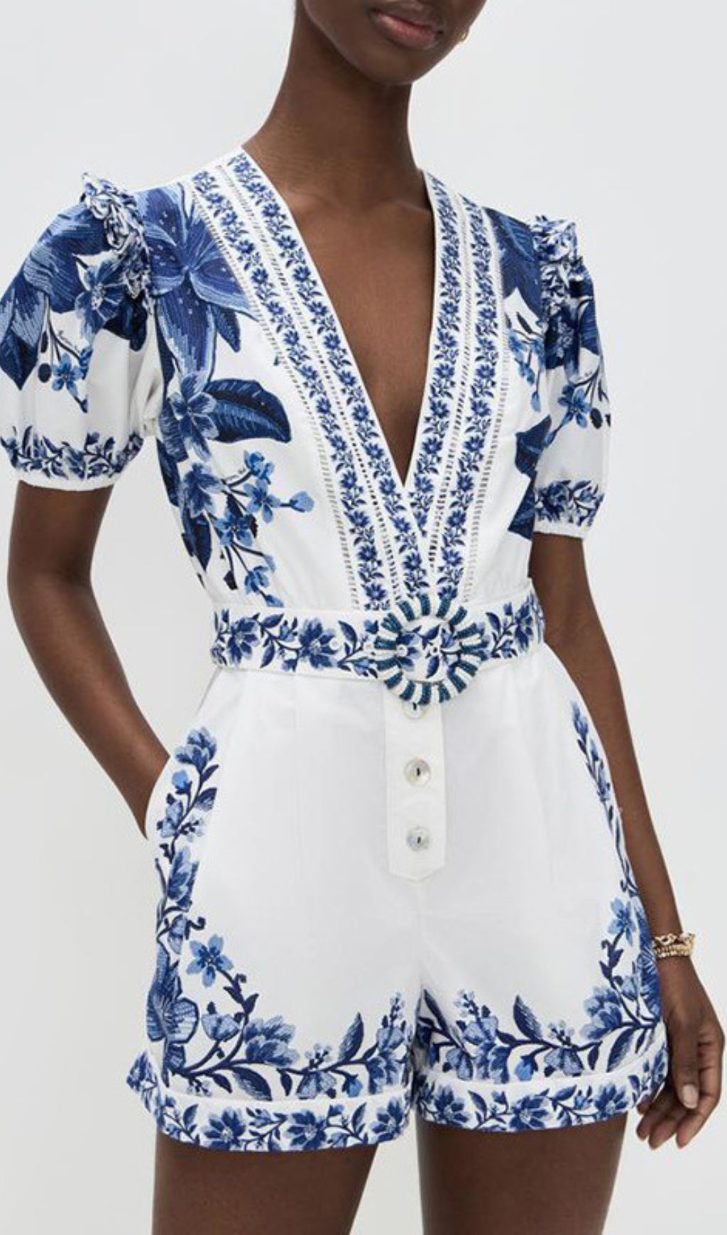 Gilda Blue Flower Printed V-Neck Romper