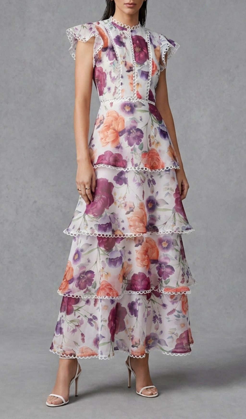 Kavi Elegant Floral Tiered Maxi Dress with Lace Trim - Women's Spring/Summer