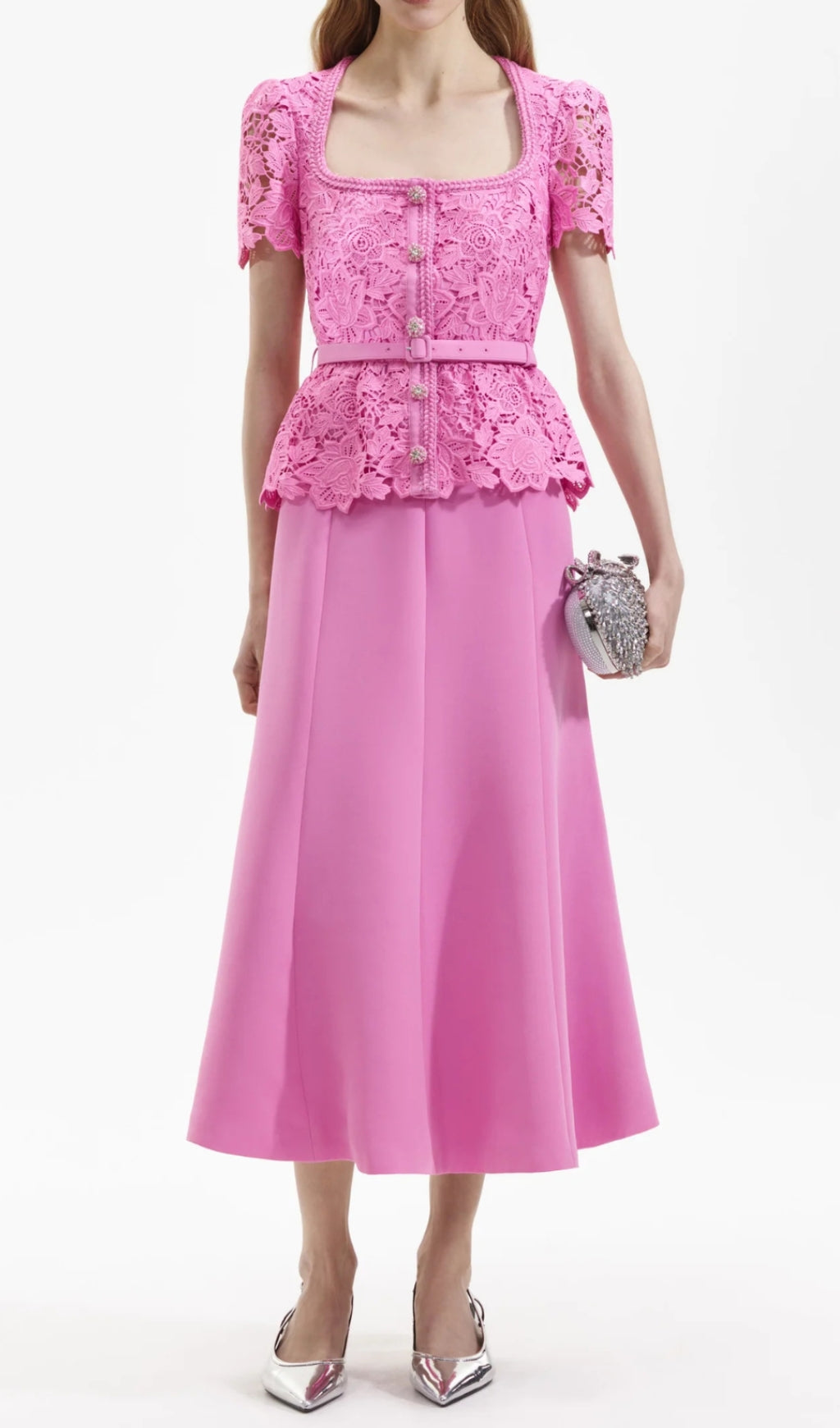 Aloha Pink Lace Tailored Midi Dress
