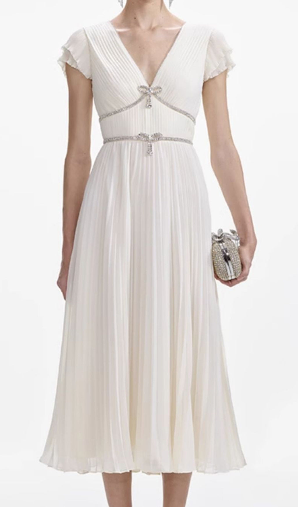 Eternity White V-Neck Bow Midi Dress