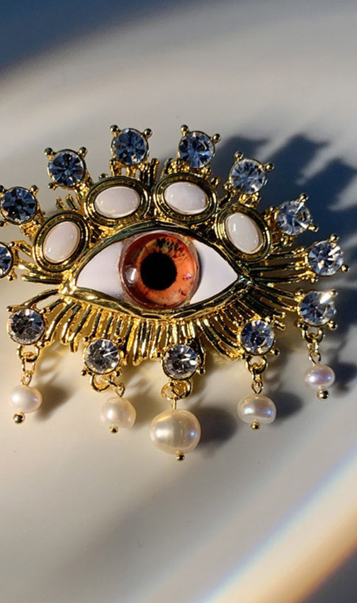 Elegant Gold Evil Eye Brooch with Freshwater Pearls & Turquoise