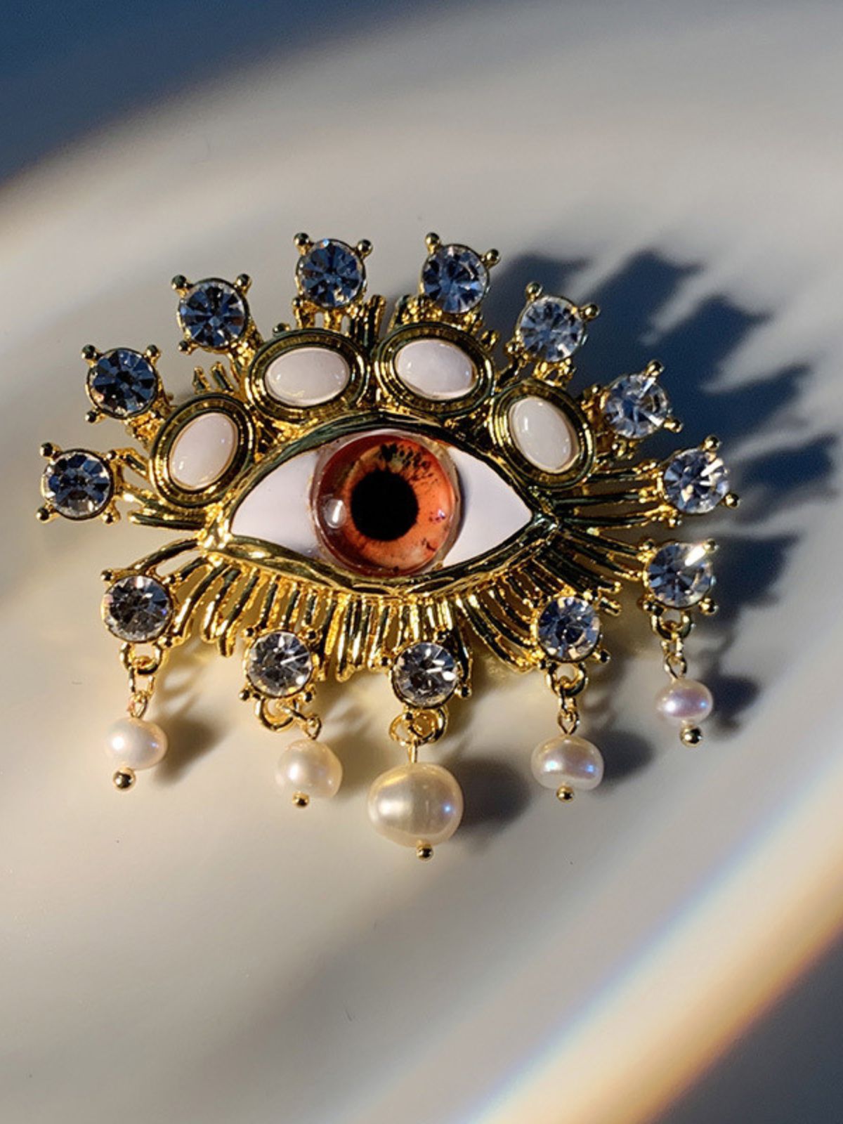 Elegant Gold Evil Eye Brooch with Freshwater Pearls & Turquoise