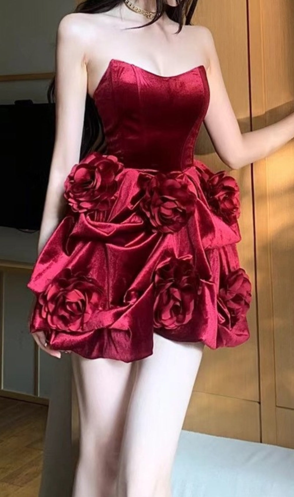 Chic Black Strapless Velvet & Satin Rose Mini Dress - Evening & Party