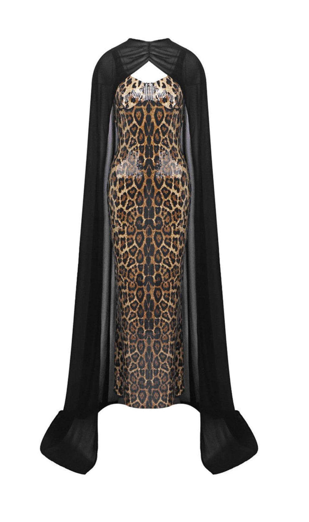 Jarrell Dazzling Leopard Sequin Maxi Gown with Dramatic Cape