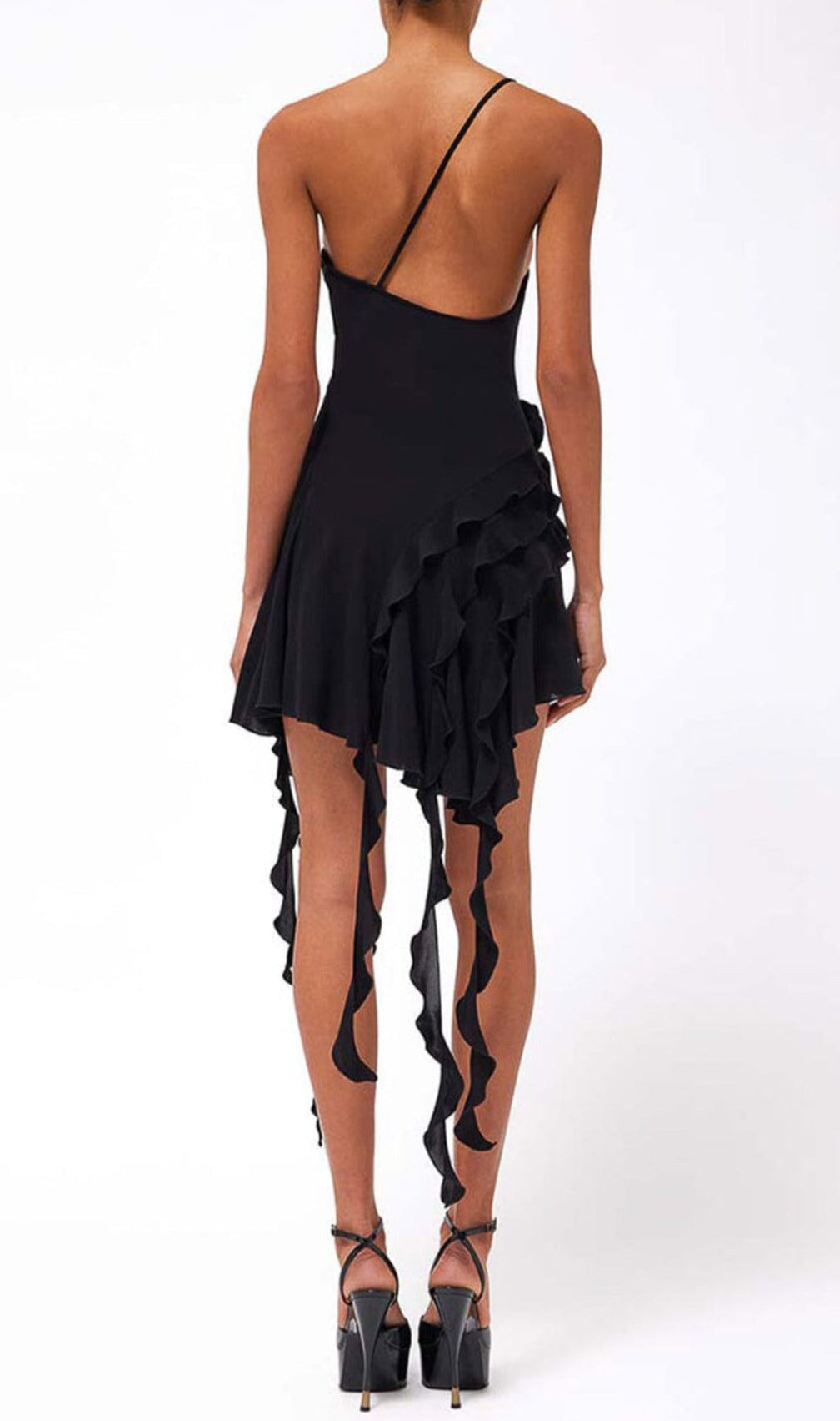 Rose-Detail Ruffled Mini Dress In Black