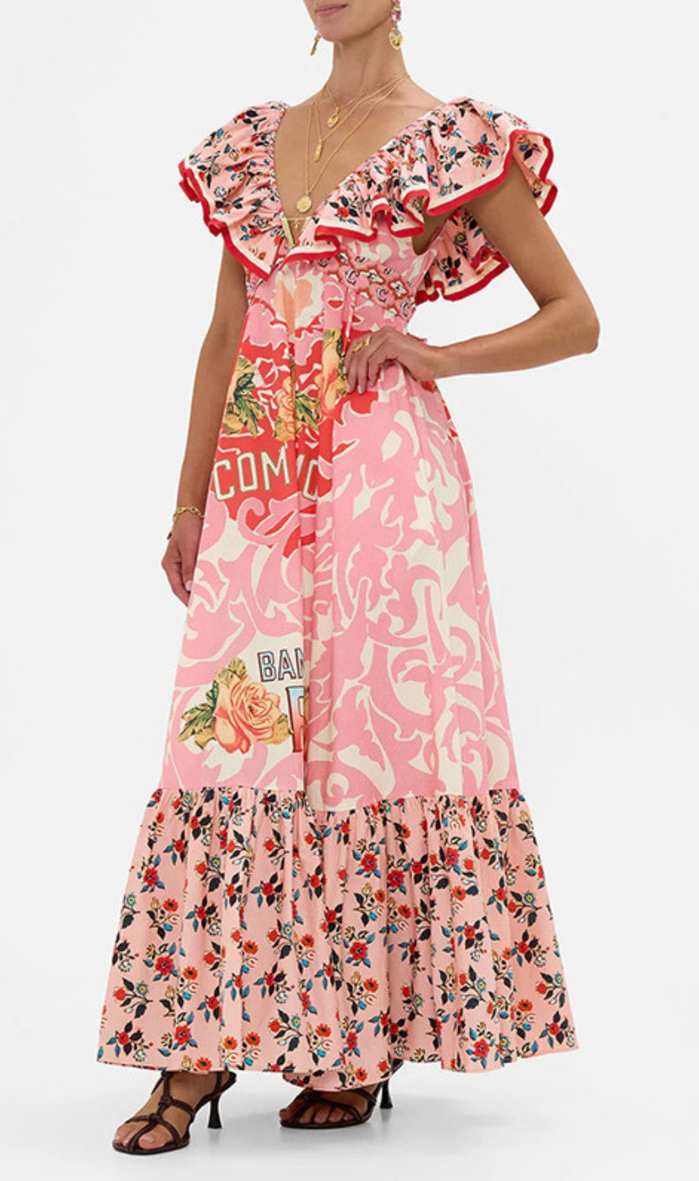 Irina Chic Pink Floral V-Neck Maxi Dress - Bohemian Tiered Print