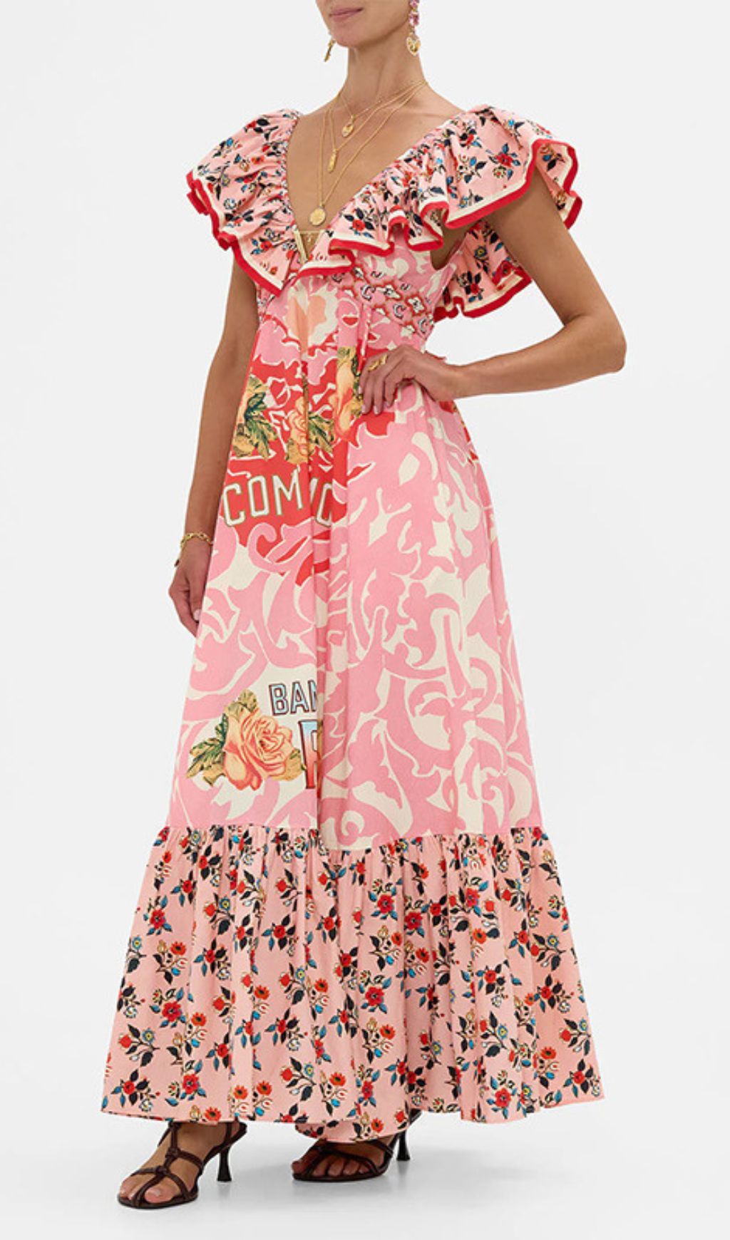 Irina Chic Pink Floral V-Neck Maxi Dress - Bohemian Tiered Print