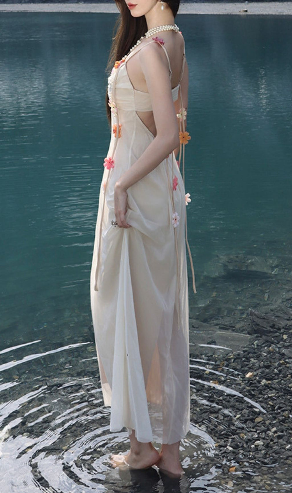 Farah Dreamy Ivory Floral Chiffon Maxi Dress - Romantic Open Back Gown