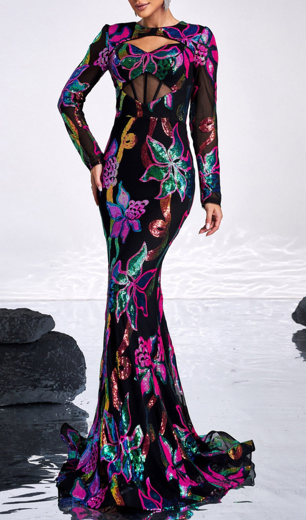 Carman Long Sleeve Flower Sequin Gown