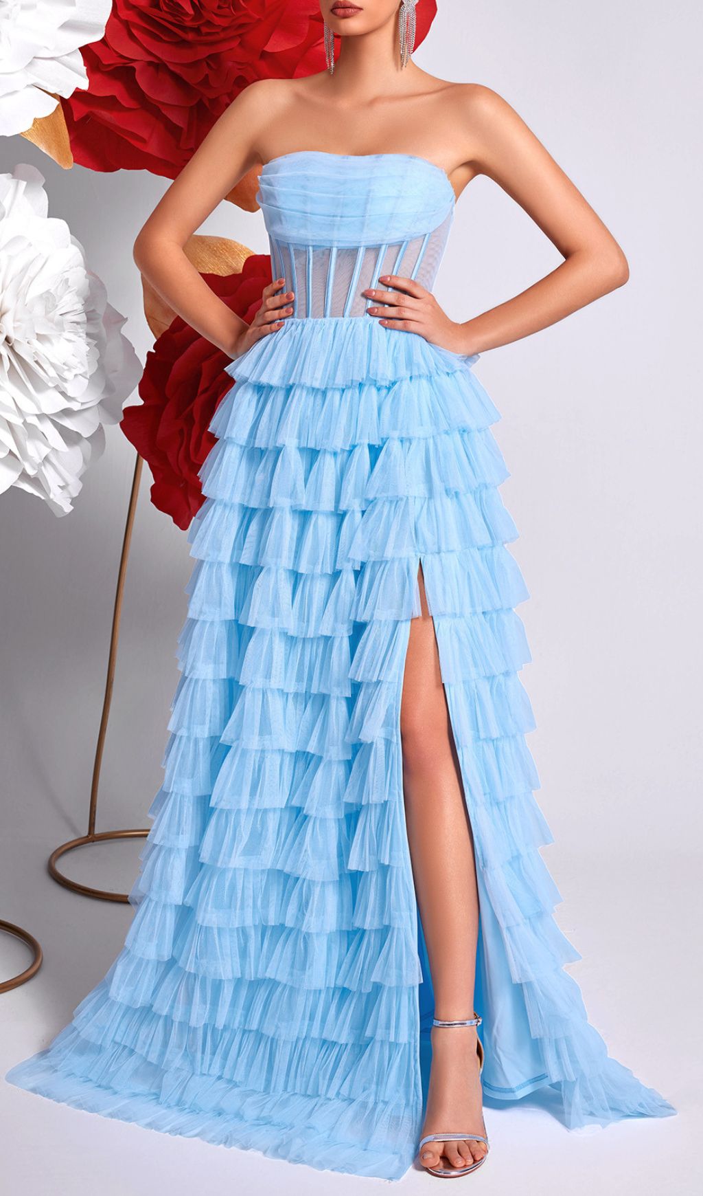 Kaida Sky Blue Strapless Corset Tiered Ruffle Maxi Dress with High Slit