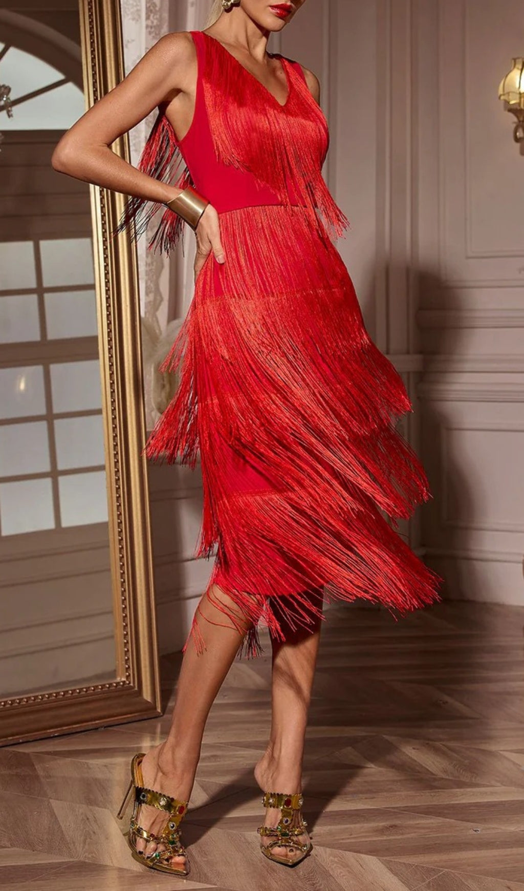 Chava Red V-Neck Fringe Midi Dress