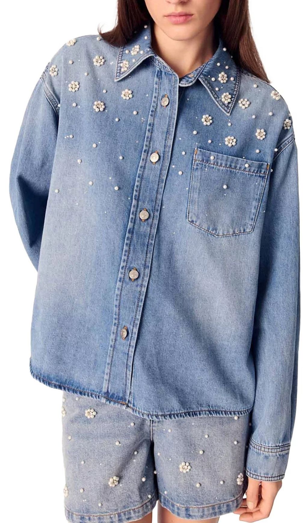 Chic Blossom Denim Shirt: Pearl & Rhinestone Embellished Button-Up for Women