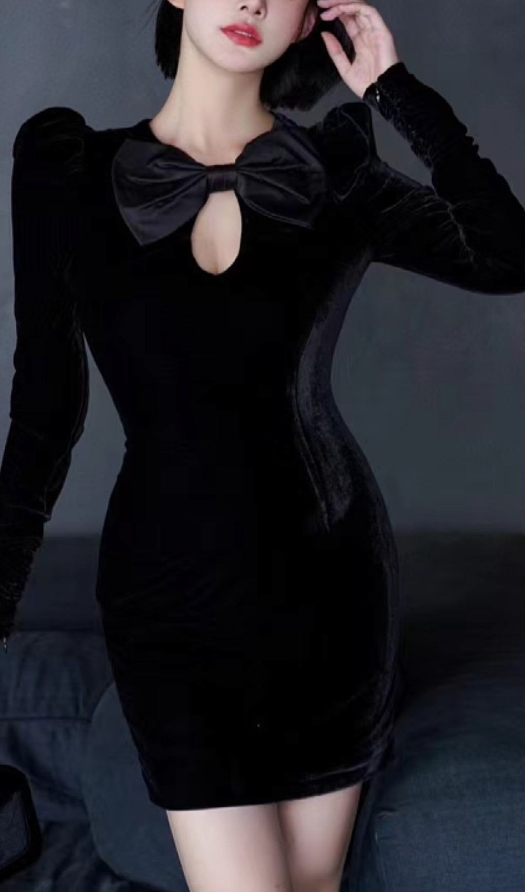 Black Velvet Hollow Bow Long-Sleeve Mini Dress