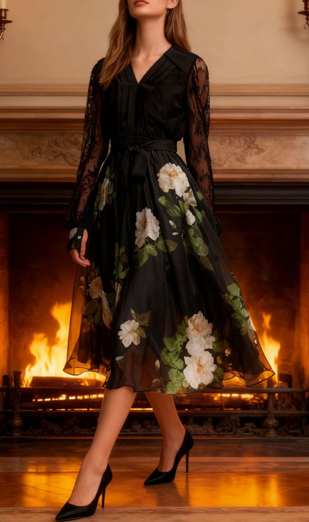 Isaye Elegant Black Floral Lace Midi Dress - Long Sleeve Wrap Style