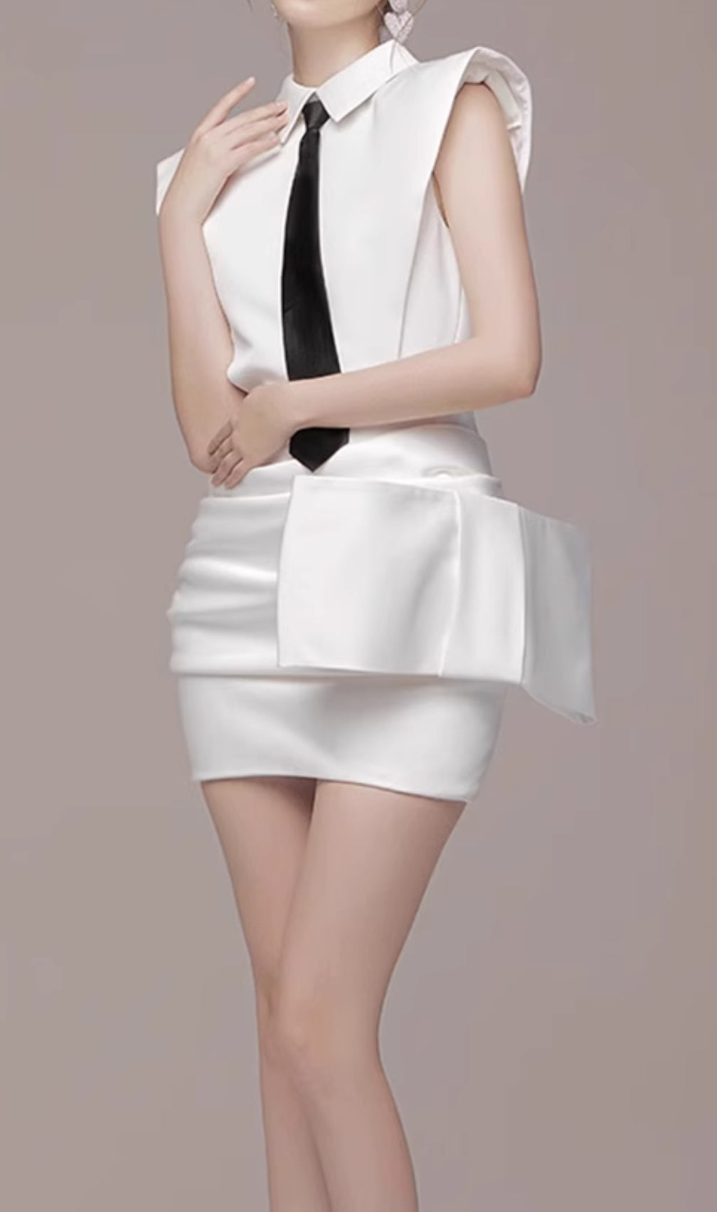 Estella White Bowknot Mini Dress With Necktie