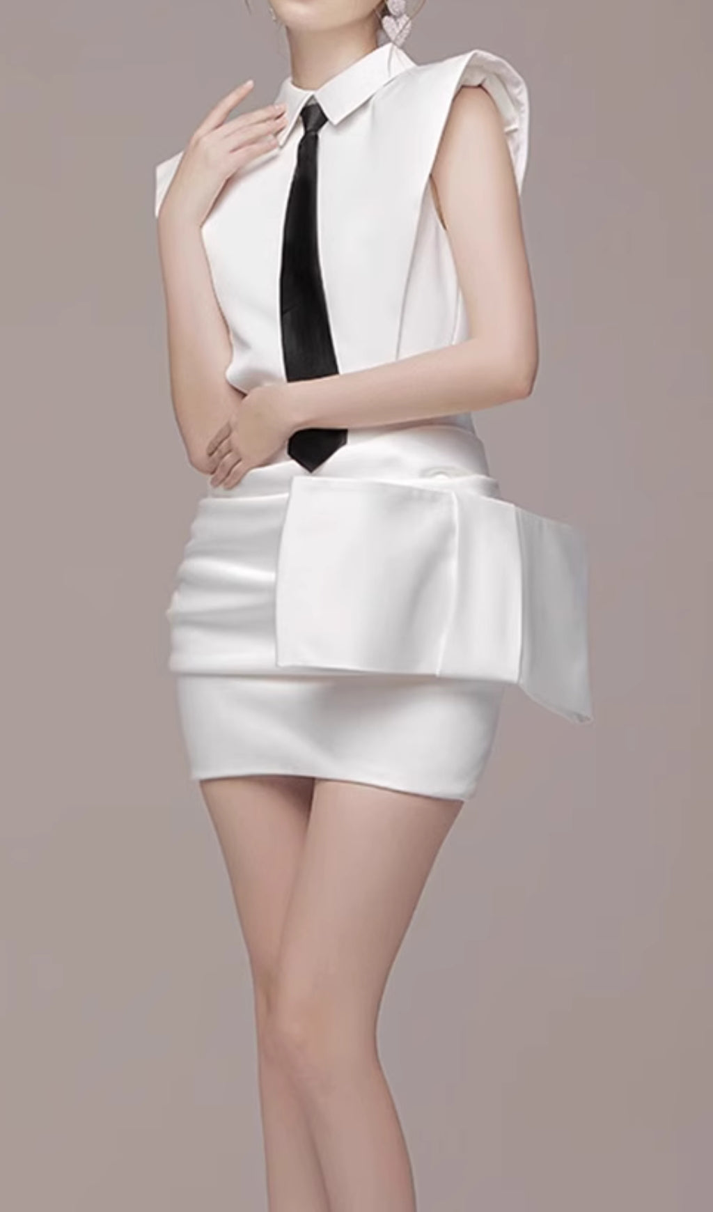 Estella White Bowknot Mini Dress With Necktie