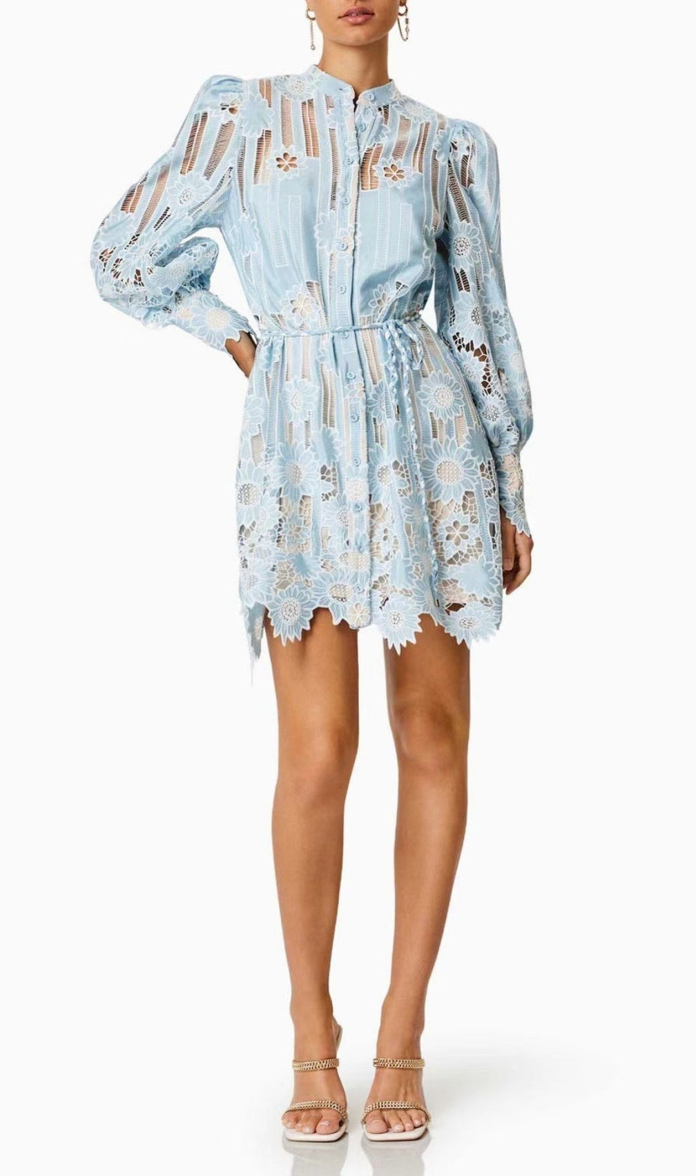 Deliz Romantic Sky Blue Floral Lace Mini Dress | Elegant Long Sleeve Style