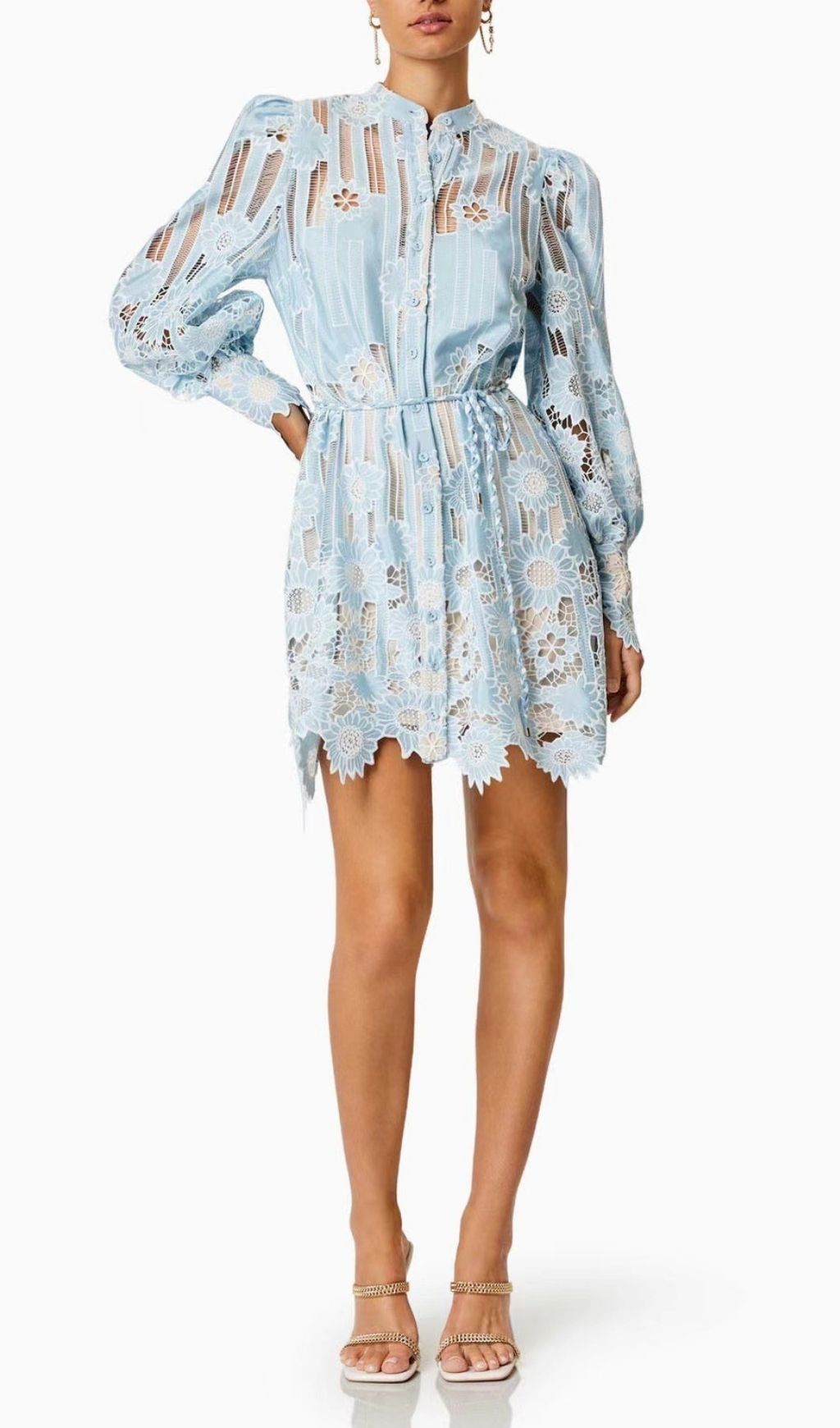 Deliz Romantic Sky Blue Floral Lace Mini Dress | Elegant Long Sleeve Style