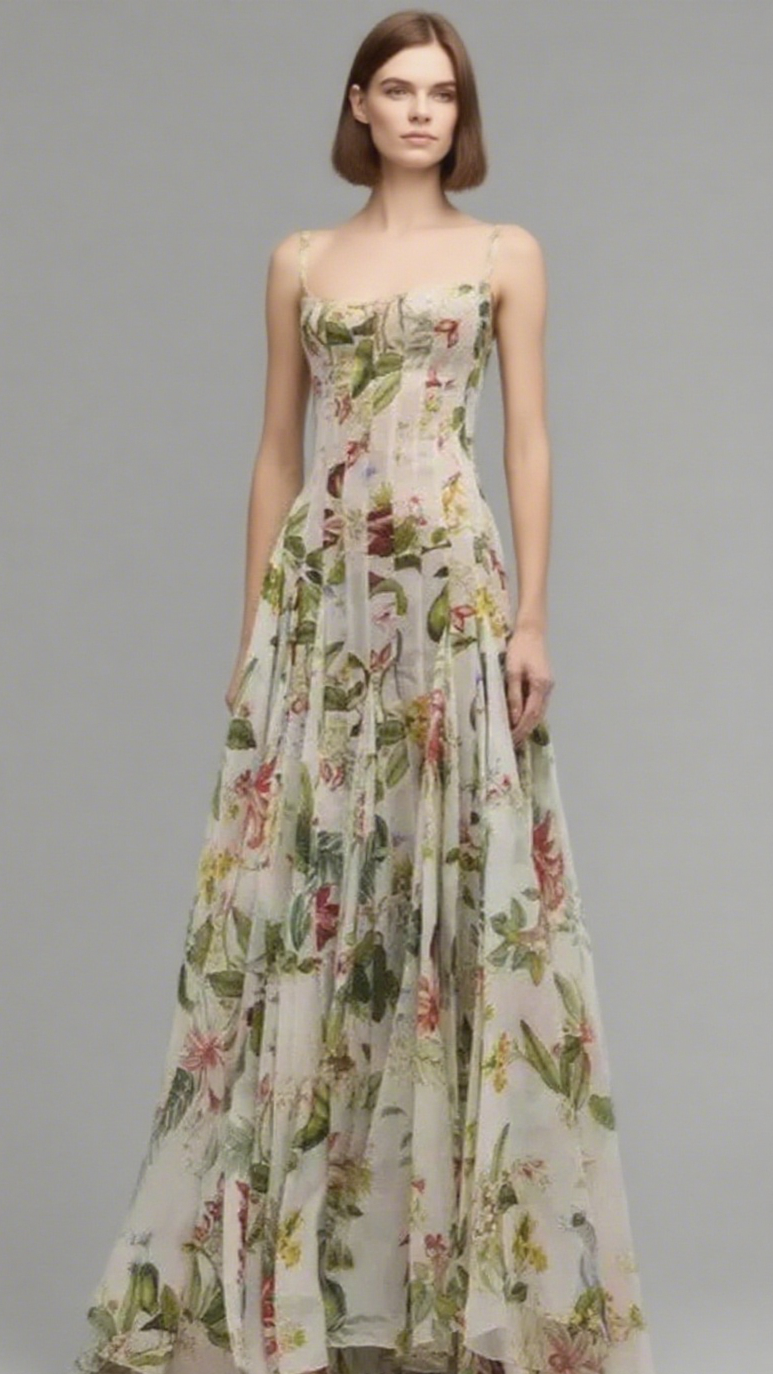 multicolor floral print fauna gazar gown