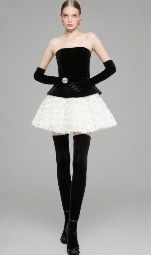Velvet & 3D Floral Strapless Mini Dress Set - Black & White