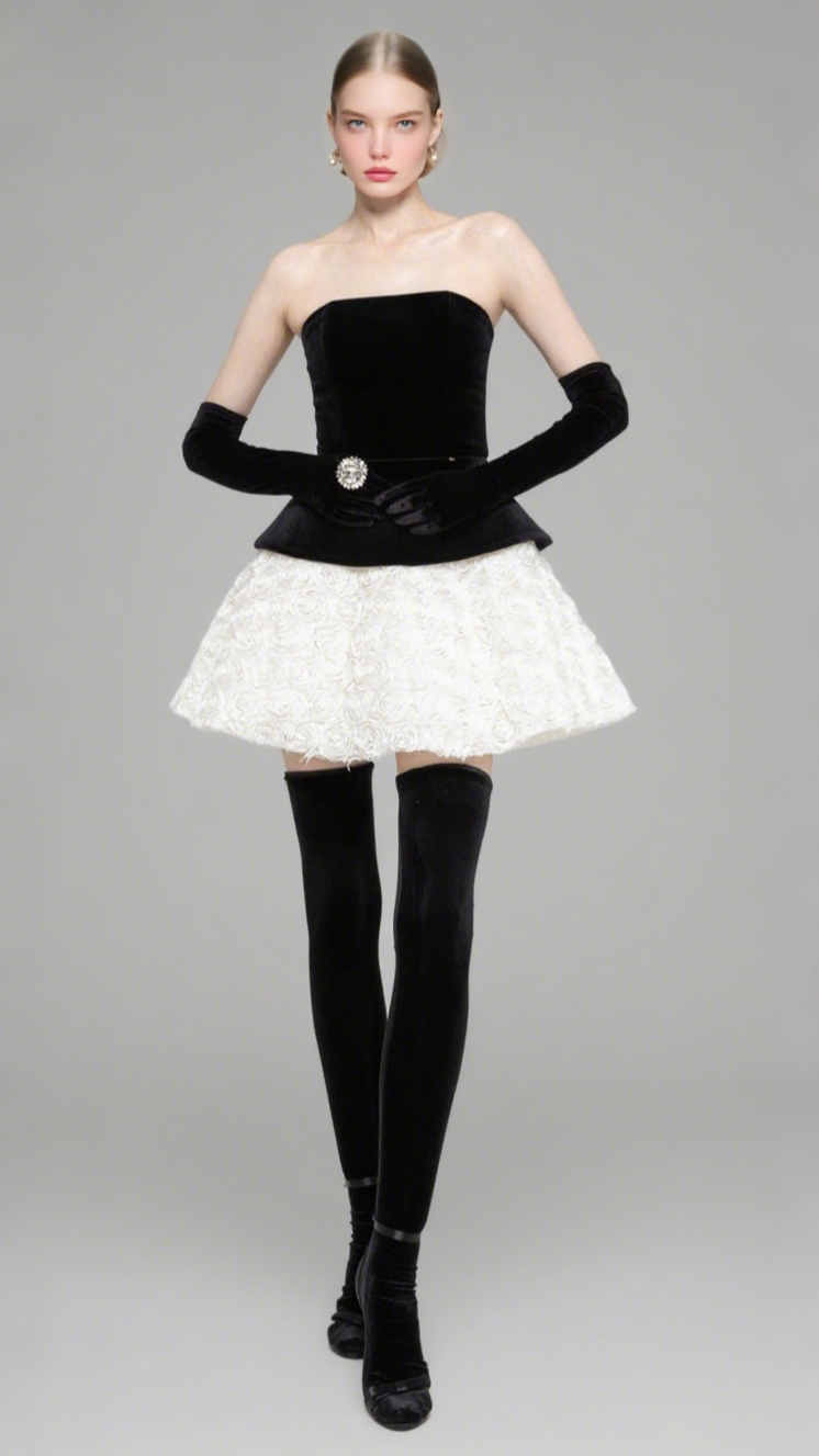 Velvet & 3D Floral Strapless Mini Dress Set - Black & White