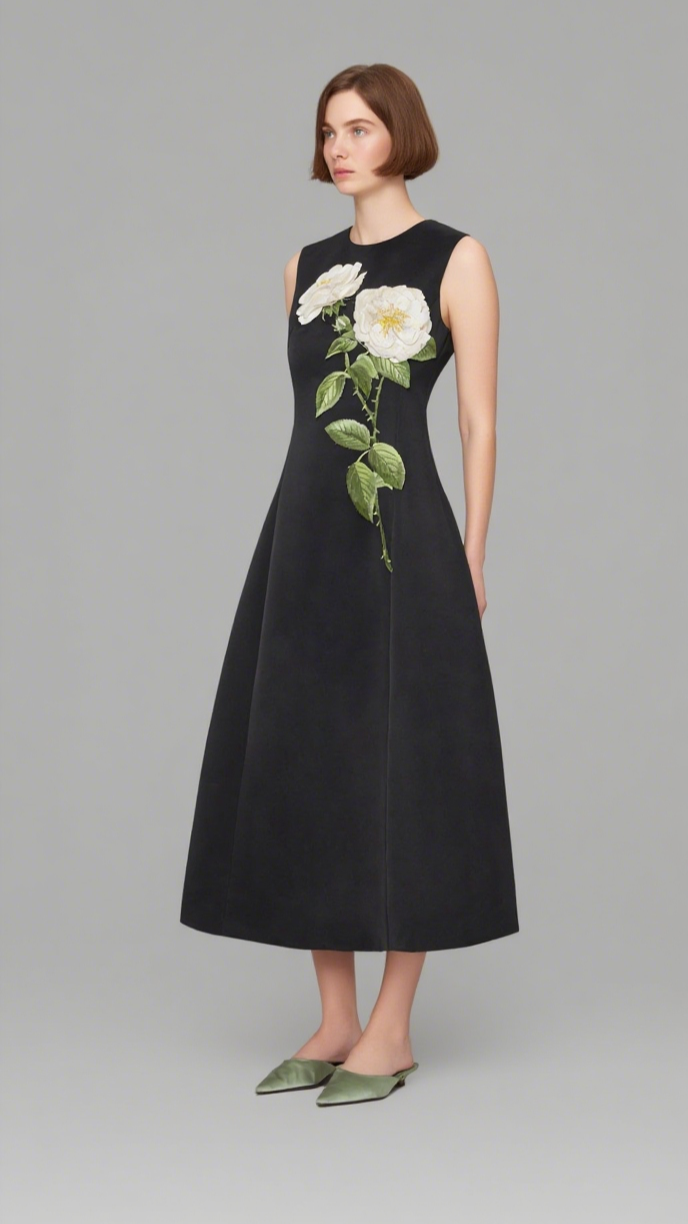 kate floral print Embellished Sleeveless Midi Dress in black