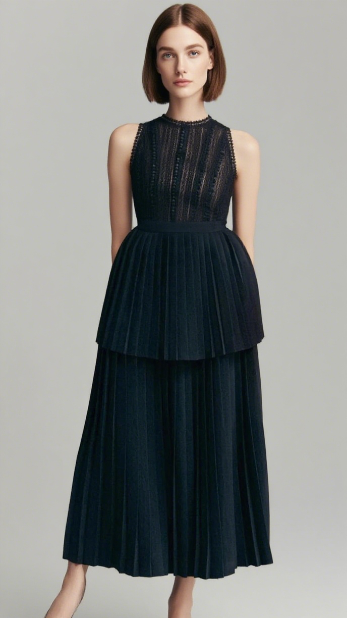 Sleeveless pleated layer skirt suit in black