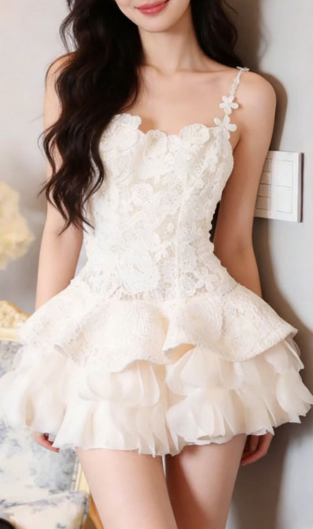 Kamilah Delicate Floral Embroidered Lace Mini Dress with Ruffles