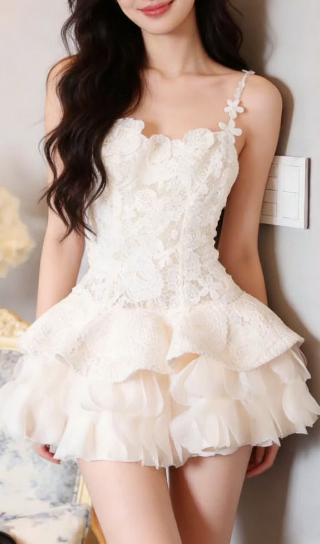 Kamilah Delicate Floral Embroidered Lace Mini Dress with Ruffles