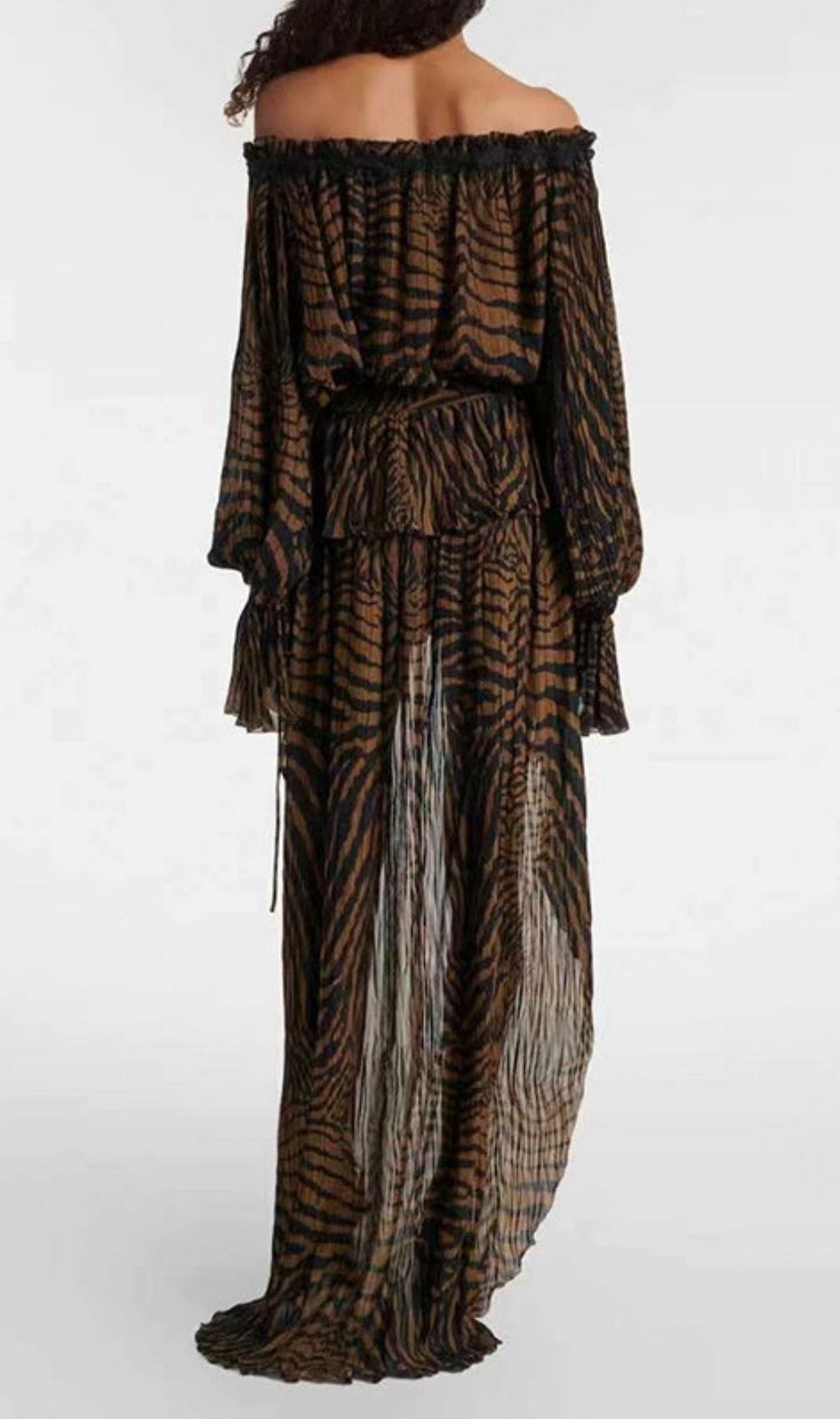 Kayoko Glamorous Zebra Print Off-Shoulder High-Low Maxi Dress