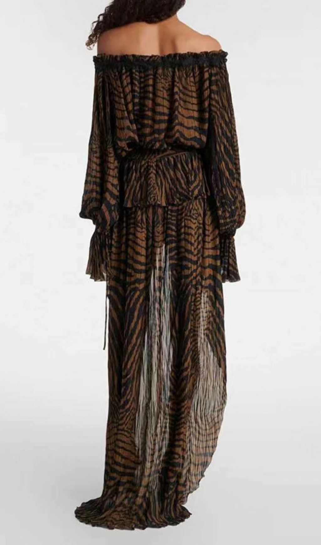Kayoko Glamorous Zebra Print Off-Shoulder High-Low Maxi Dress