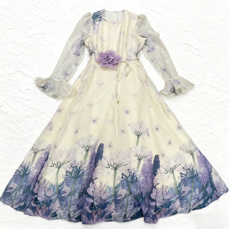 Isadore Elegant Floral Maxi Dress - Long Sleeve Chiffon Gown with Flower Belt